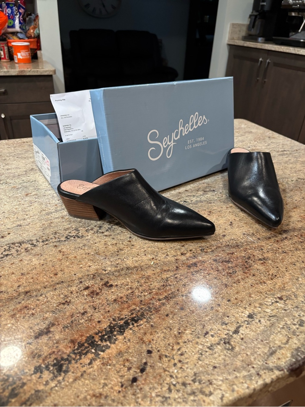 Seychelles Black Leather Pointed Mule with Brown Stacked Heel